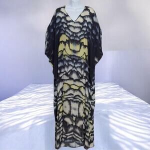 Meri By Design Silk Crepe Kaftan Maxi Dress Abstract Fits US Plus 2X 3X Boho